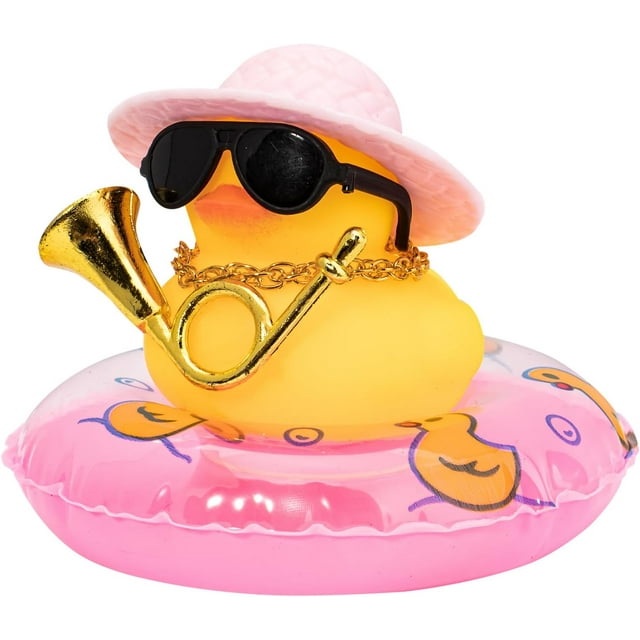 Car Duck Ornament Dashboard Decorations for Car Rubber Duck Accessories with Hat Necklace Swim Ring Musical Instruments D