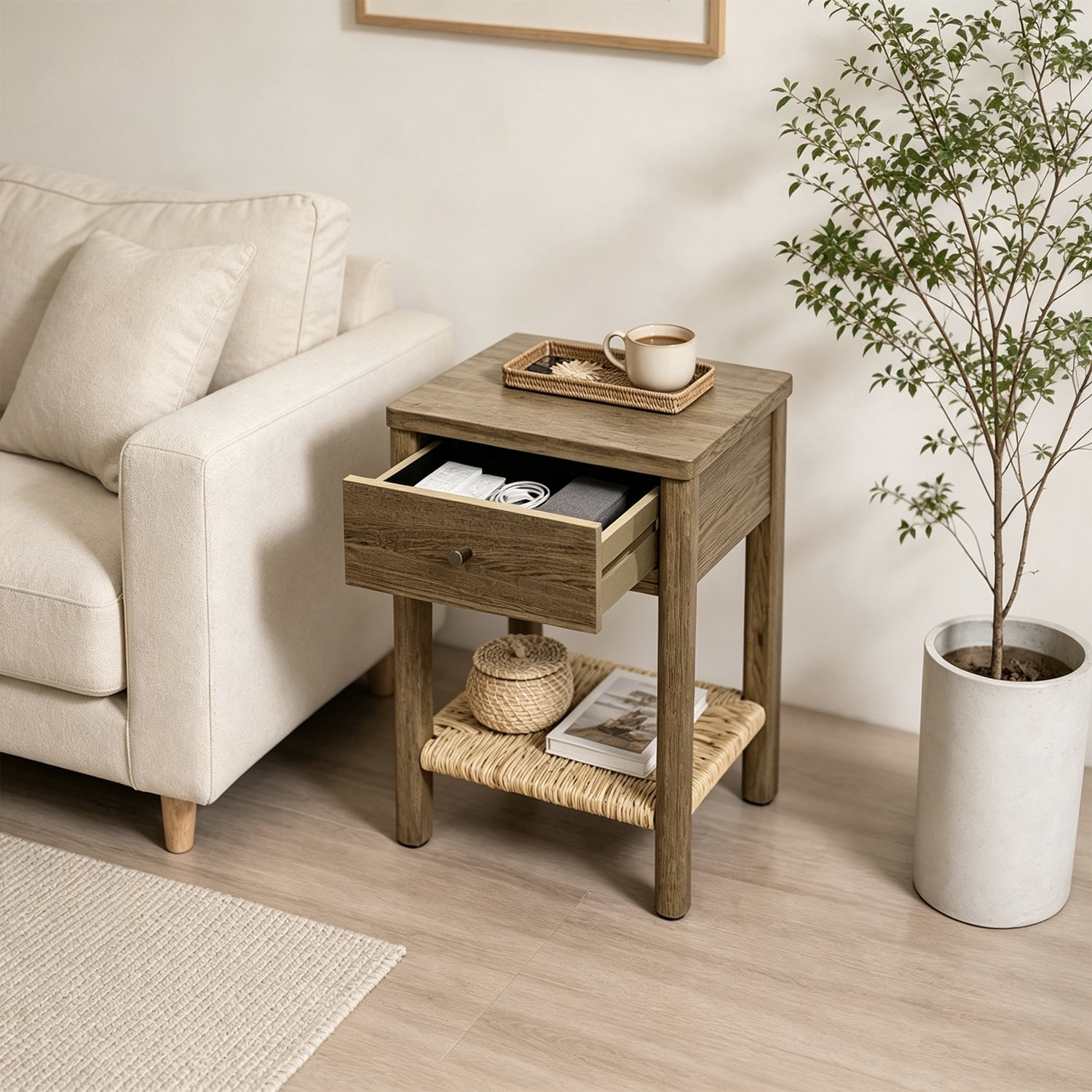 Nightstand Side Table 15.75 Inch, Solid Wood Round Legs with Woven Jute Storage Shelf and Drawer for Bedroom Living Room, Antique Grey