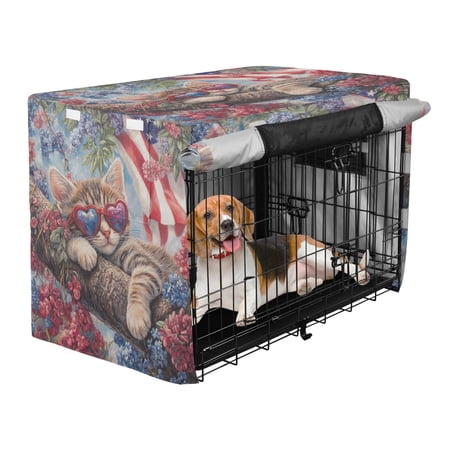 Qxltty 4th Of July Cat Crate Cover Durable Oxford Cloth Pet Kennel Sunshade Universal Fit for 35in Wire Cage