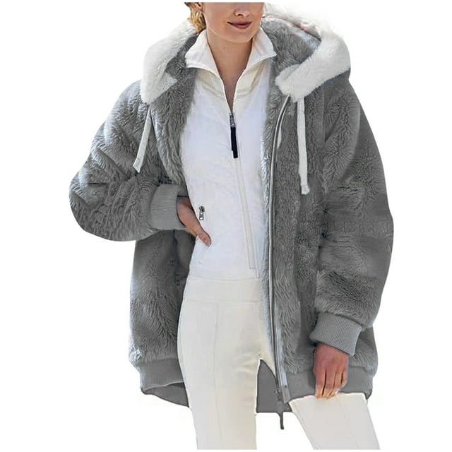 Heliisoer Plus Women Size Winter Warm Loose Plush Zip Hooded Jacket Coat