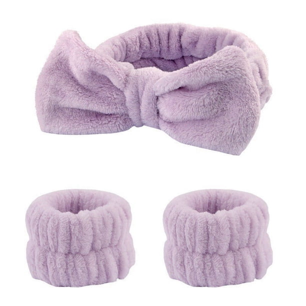 Zhuge Juego de 3 piezas de diademas de spa, muñequeras, puños para lavarse la cara para evitar derrames de líquidos, cintas para el cabello, muñequeras de toalla para mujeres (morado)