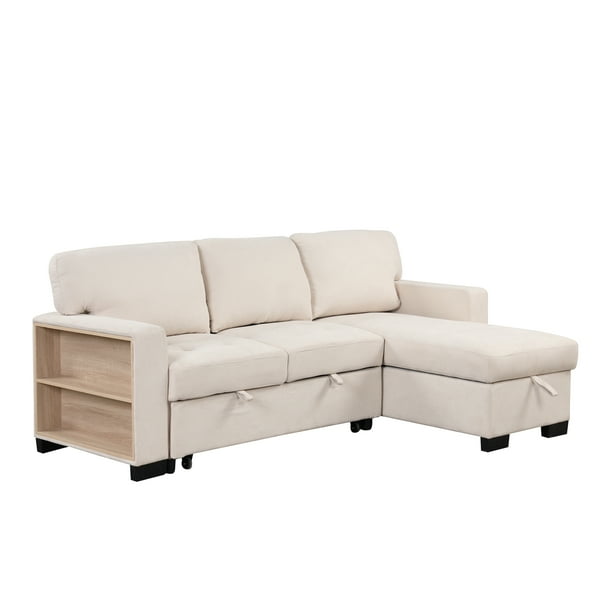 Sectional Sofa Set with 2tier Side Storage Shelf, PullOut Sofa Bed