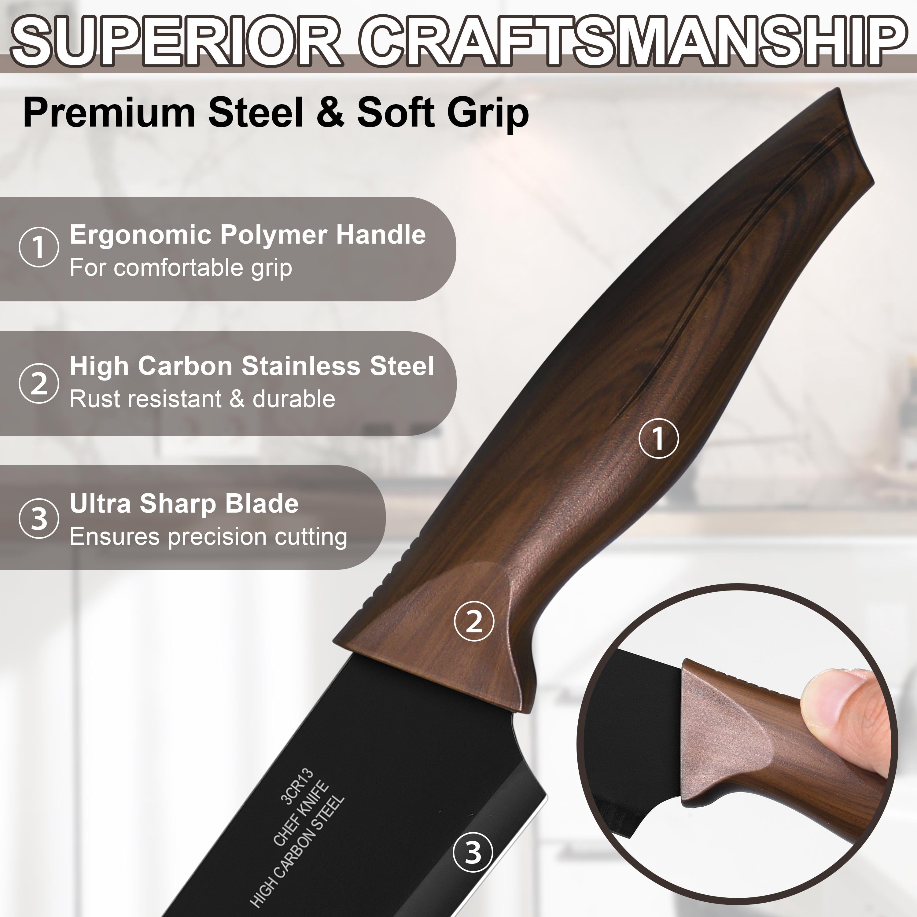 Walchoice 15 Pieces Knife Set with Block, High Carbon Stainless Steel Kitchen Knife Set with Sharpener, Rust Resistant & Dishwasher Safe - Walnut Brown