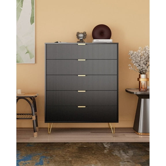 Woodpeckers Furniture and Mattress 5-Drawer Chest in MDF Wood with Gold Metal Legs and Handles in Black Color