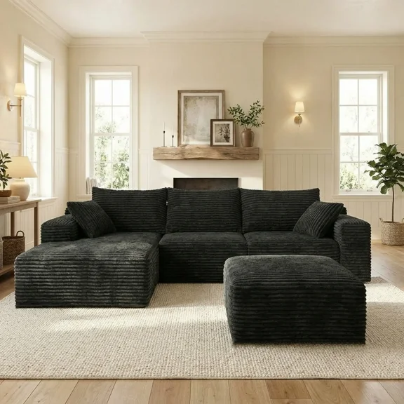VERDECORE 106" Oversized Modular Corduroy Cloud Sectional Couch, Left Chaise & Ottoman, Black No Assembly for Living Room Bedroom
