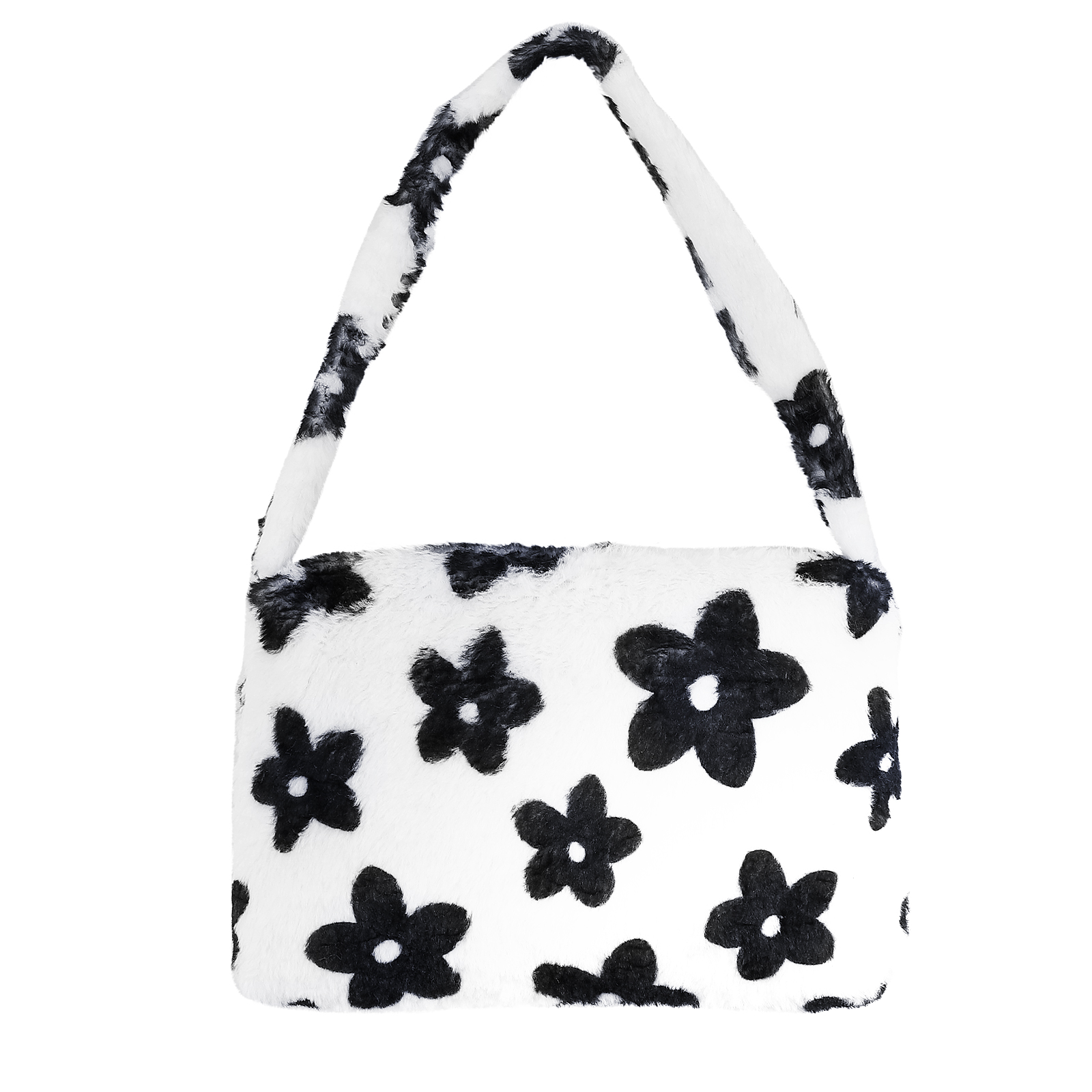 fluffy black and white flower bag