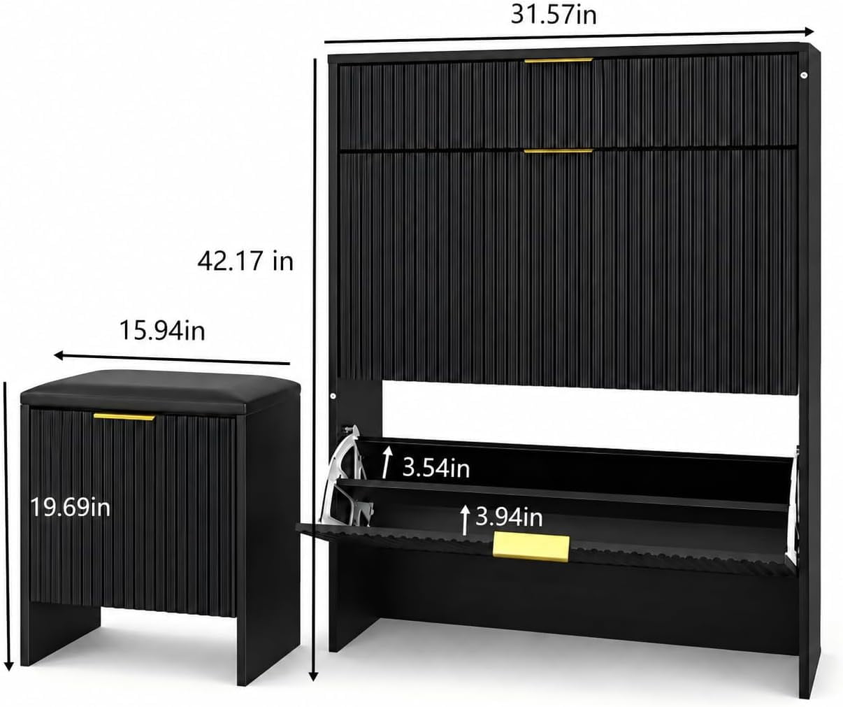 Howcool Fluted Entryway Shoe Cabinet with Upholstered Padded Shoe Bench, Wood Narrow Freestanding Shoe Storage, Black