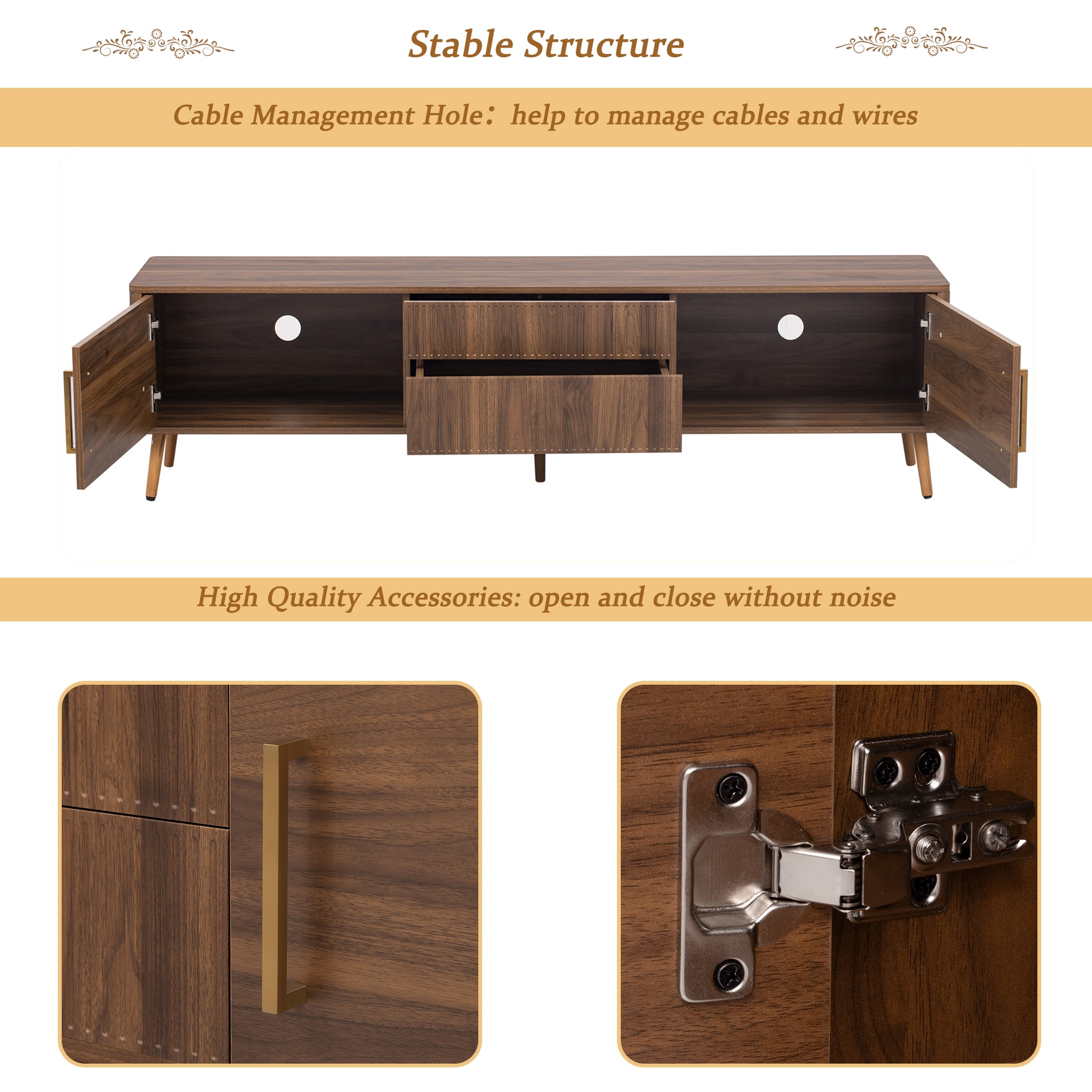 Homy Casa 70.8" Walnut TV Stand for TVs up to 75" with 2 Drawers Cabinets and Cable Management