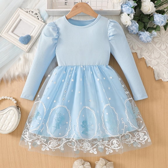 Girls Fairy Dress Long Sleeve Blue Two Piece Tulle Tutu with Puff Sleeves for Birthday Party Easter Holiday Kids 3-10 Years,Size 7-8 T