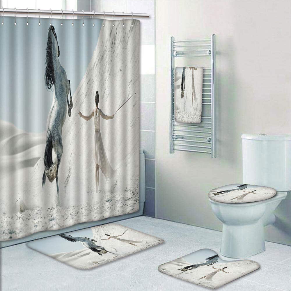 Bohemian Style Horse Head Shower Curtain Toilet Cover Rug Mat Contour Rug Set 