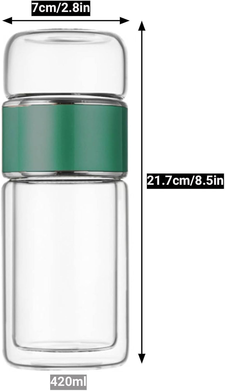 ABCISI Tea Infuser Bottle, 420ml Tea Tumbler with Infuser Double Layer for Loose Leaf Tea, Protable Stainless Steel Leakage Proof Glass Water Bottle for Office Travel Home (green)