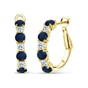 Gem Stone King 18K Yellow Gold Plated Silver Blue Sapphire and White Topaz Hoop Earrings For Women (3.64 Cttw, Gemstone September Birthstone, Round 4MM and 3MM)