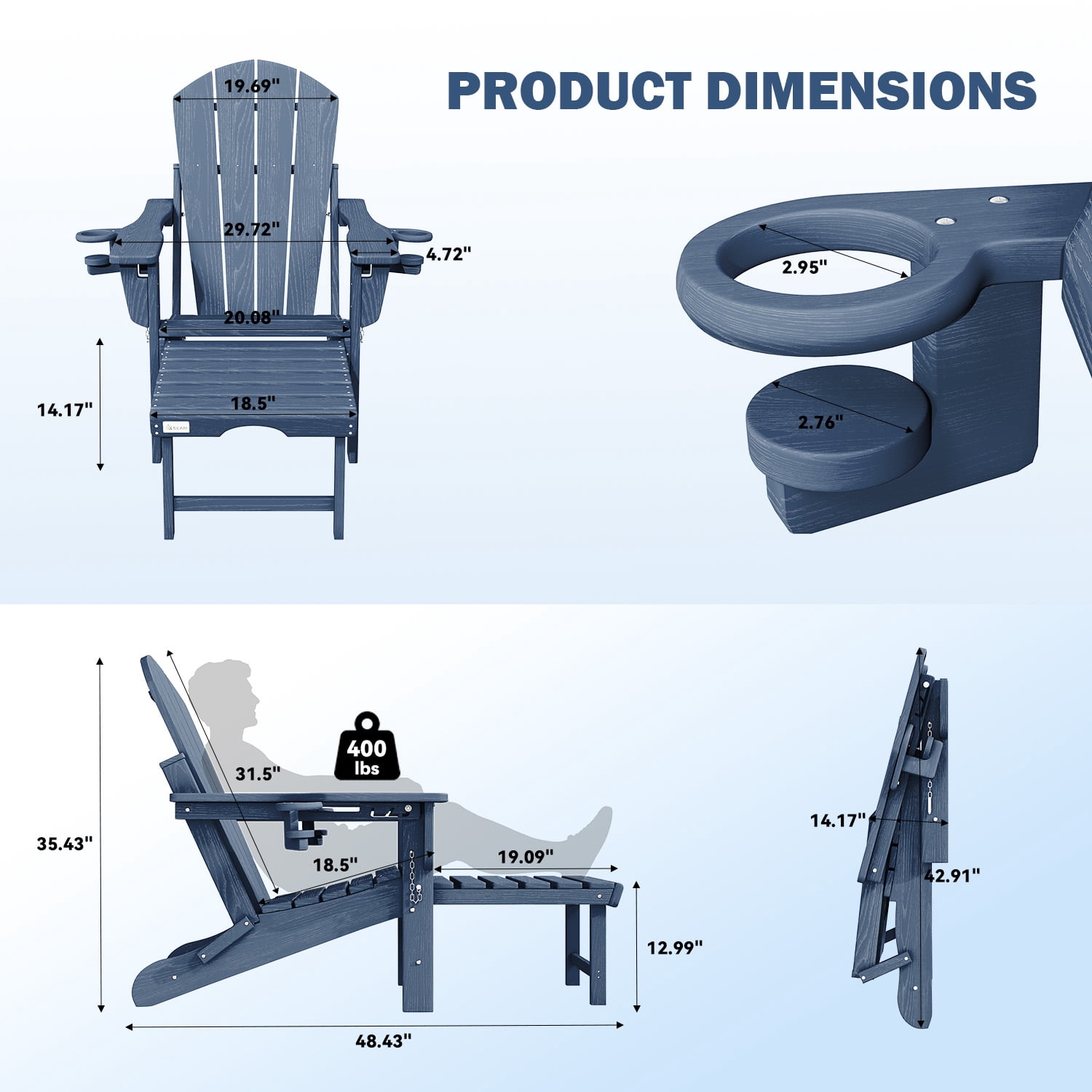 Erinnyees 3-Level Adjustable Adirondack Chair with Retractable Ottoman, HDPE All-Weather Folding Fire Pit Chair with 2 Cup Holders, Outdoor Chair for Garden