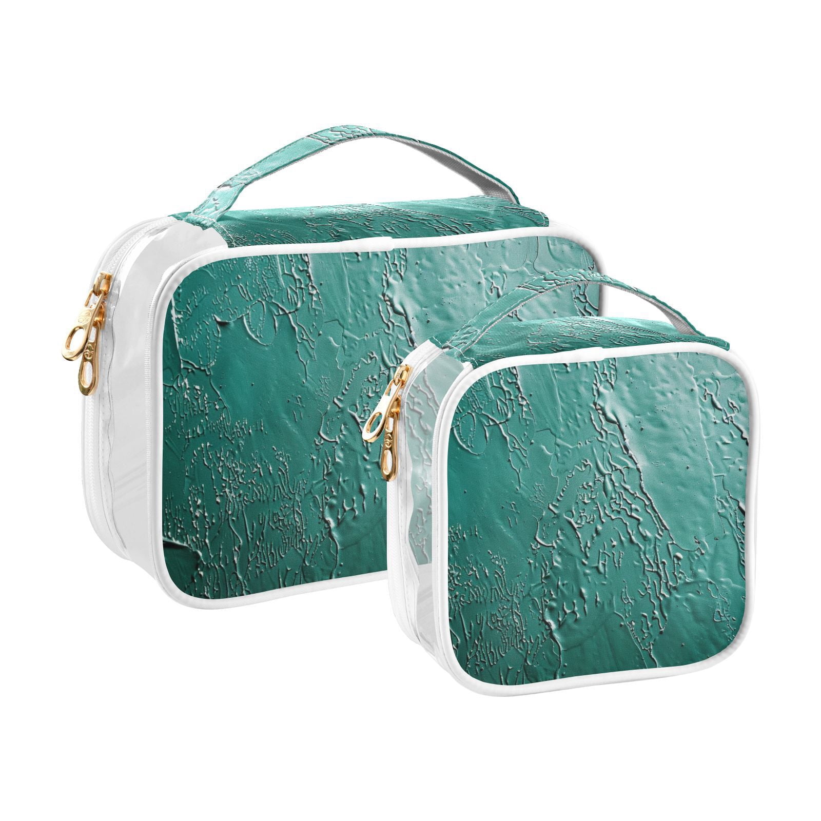 Clear Makeup Bags with Handle Large Opening 2 Pack Set Toiletry Bag Quart Size Bag, for Women Man Traveling Travel Essentials, Toiletries and Other. Green Pattern