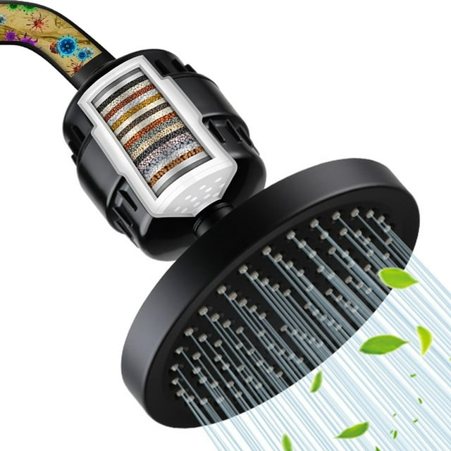 Cabezal de Ducha con Filtro de Ducha de 20 Etapas, 6' Ducha de Lluvia de Alta Presión, 360° Angulo Ajustable, Rociador de Ducha de Boquilla Reforzado con Silicona Antiaglomerante(negro)