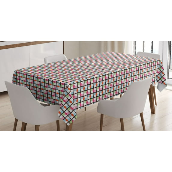 Colorful Tablecloth, Contemporary Grid Geometric Rounds Interlocking Semicircles Composition Modern, Rectangle Satin Table Cover Accent for Dining Room and Kitchen, 52" X 70", Multicolor, by Ambesonne