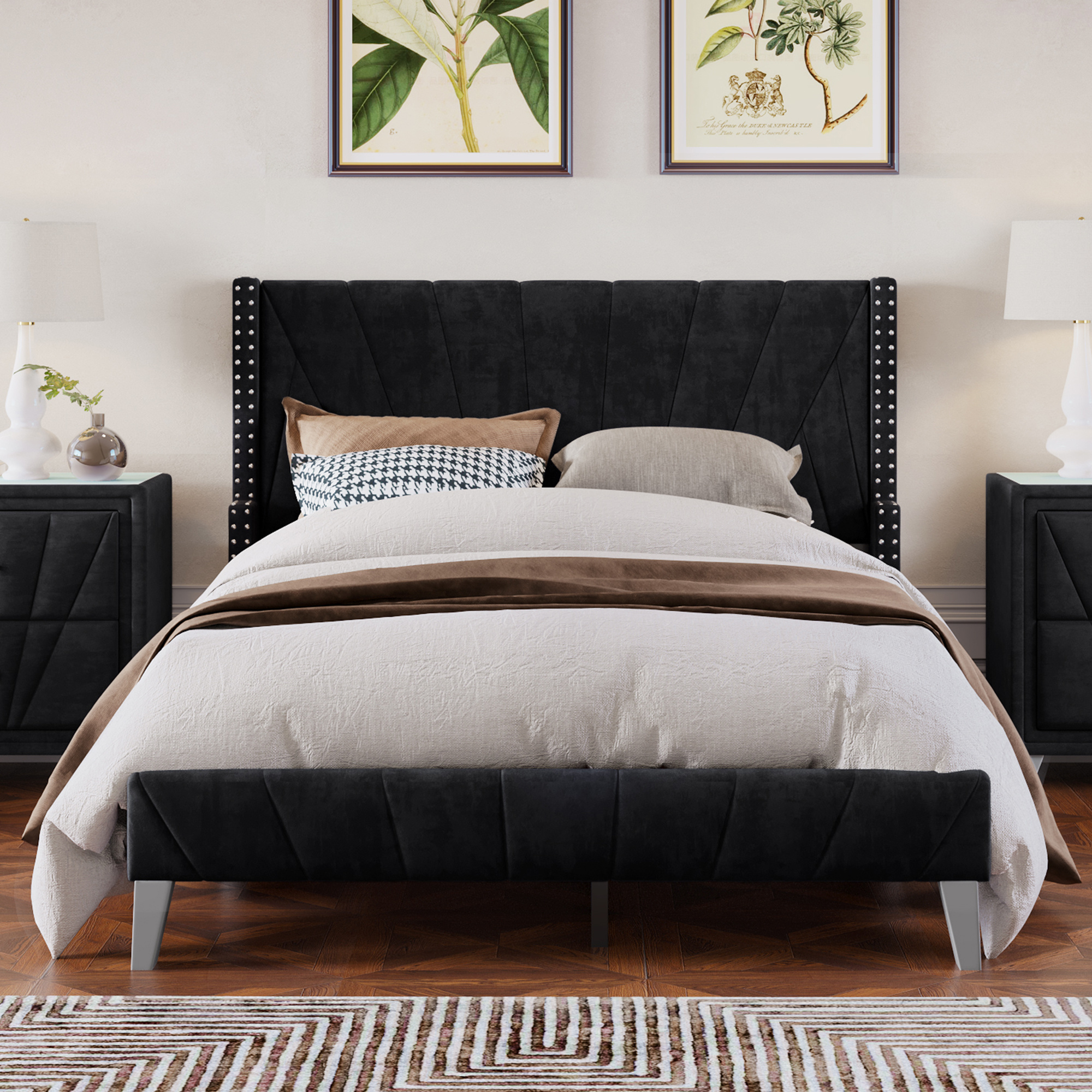 CLFHome Contemporary Velvet Upholstered Bed Frame with Channel Tufting