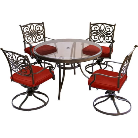 Hanover Traditions 5-Piece Outdoor Dining Set with Round Glass-Top Table and 4 Swivel Rockers