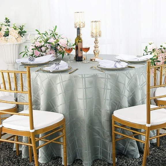 Wedding Linens Inc. 108" Plaid Checkered Pattern Design Polyester Jacquard Round Seamless Linen Tablecloth Table Covers Linens - Silver