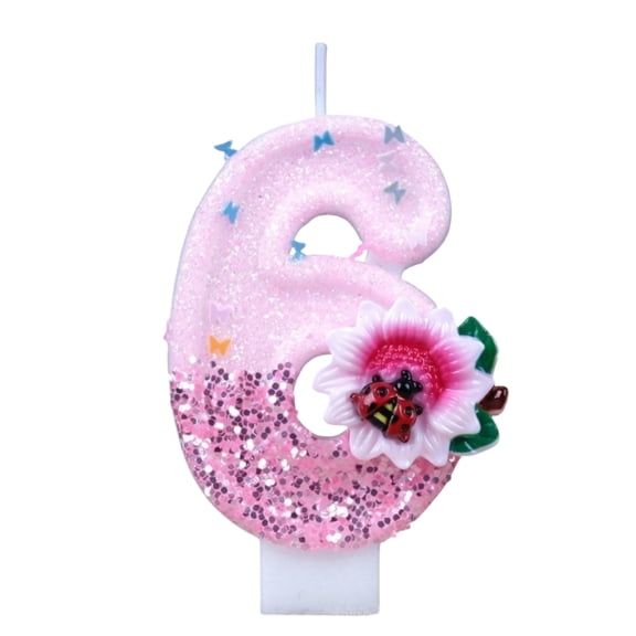 Number 6 Candle, Birthday Candle, Glitter Pink Finish, Floral Birthday Decorations, Ladybug Birthday Decorations, Birthday Cake Topper, 1 Pc, 4 in