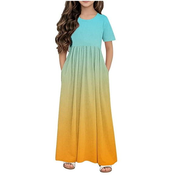 Efsteb Summer Dress for Girls Short Sleeve Round Neck Pleated Dress Casual Loose Long Dresses with Pockets (Light Blue,11 Years)