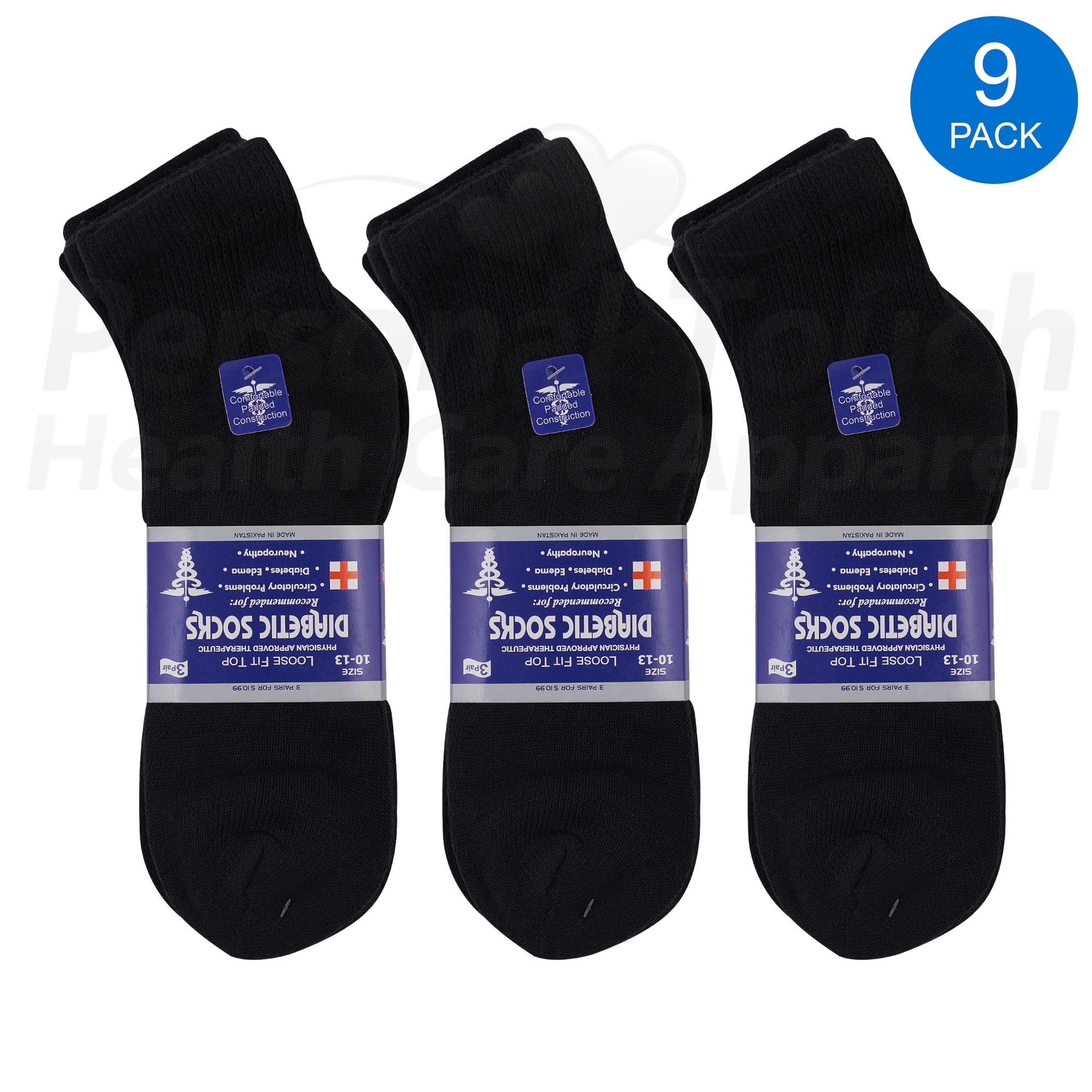 Diabetic Quarter Socks for Men & Women Physicians Approved Socks, 9 Pairs, Size 10-13 (Black)
