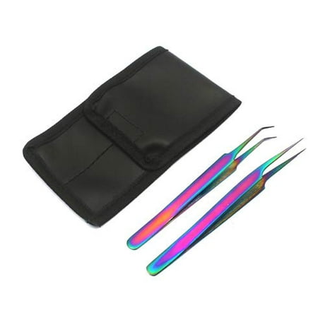 OdontoMed2011® Set Of 2 Stainless Steel Multi Titanium Rainbow Color 3d Eyelash Extension Tweezers A Type Angled + Pro Straight Fine Point Jewelry-making, Laboratory
