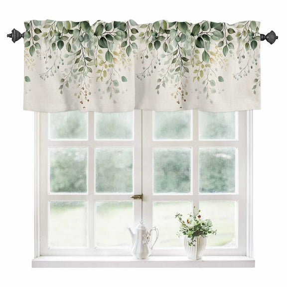 Sage Green Eucalyptus Kitchen Valances for Windows 42x18 Inch Kitchen Curtains Valances Rod Pocket Country Leaf Plants Retro Beige Bathroom Window Valances for Window Treatment Decor