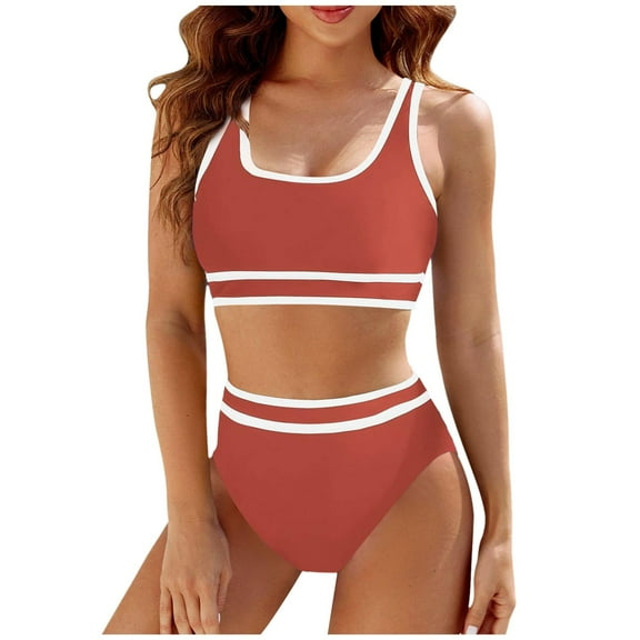Tankini Swimsuits for Women High Waisted Bikini Sets Sporty 2Pcs Swimsuit Color Block High Cut Bathing Suits RD2 XL