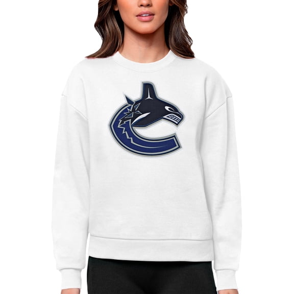 Women's Antigua White Vancouver Canucks Primary Logo Team Logo Victory Crewneck Pullover Sweatshirt