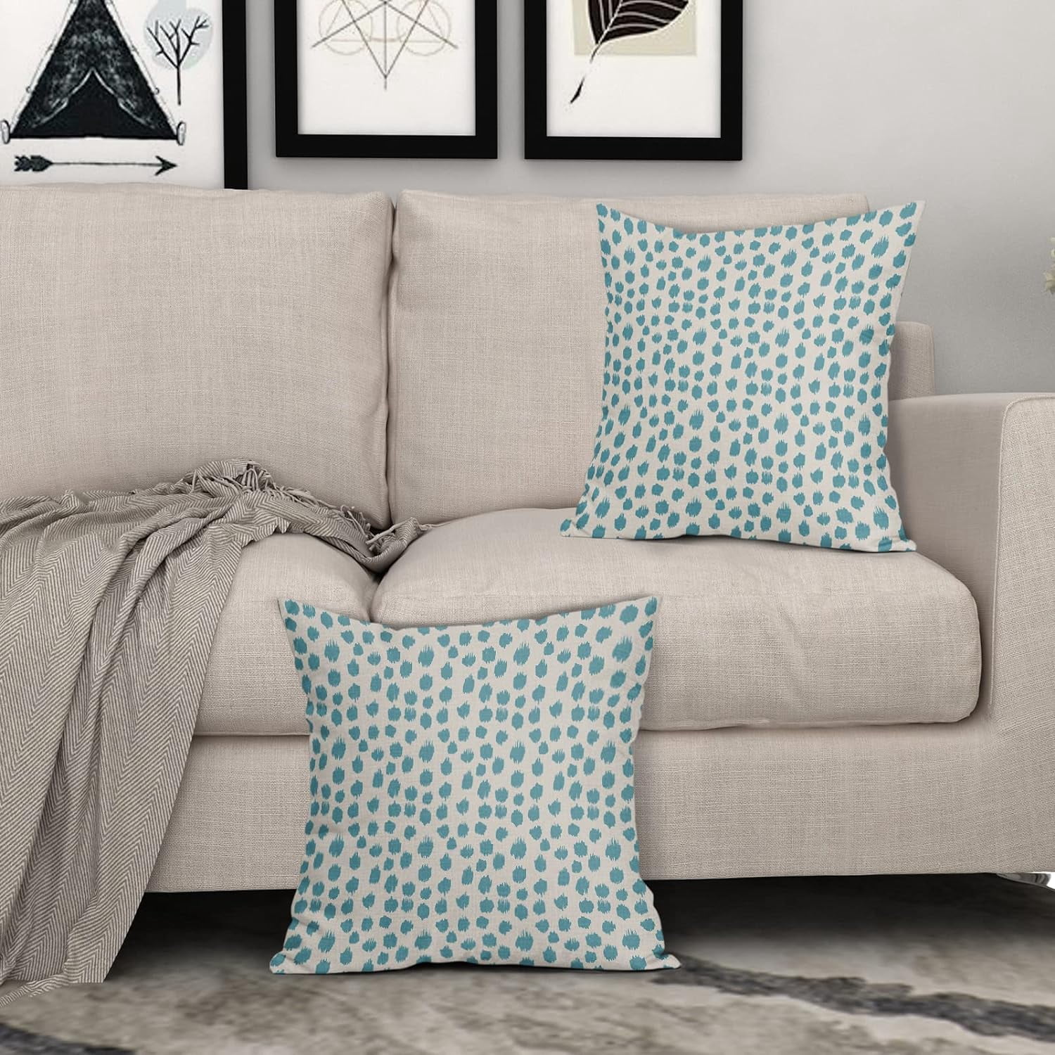 Aqua Cream Pillow Covers 16x16 Set of 2 Boho Design Polka Dot Throw Pillows Modern Brush Strokes Print Decorative Pillowcase Square Cushion Cover Linen Case for Home Sofa Couch Bed