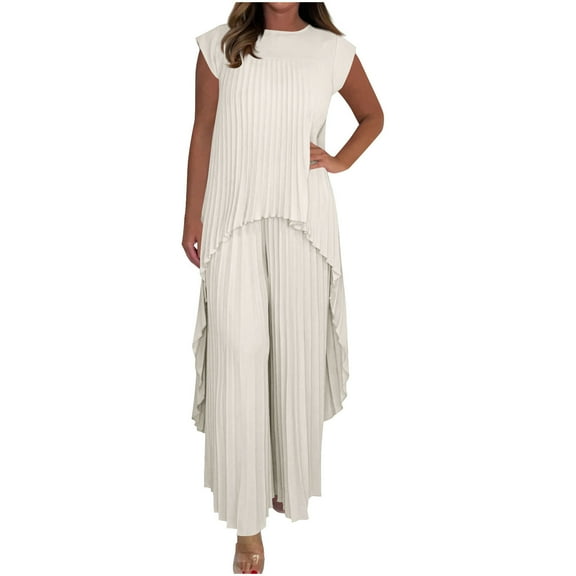 Sexlip Womens Linen Two Piece Set Sleeveless Top Wide Leg Pants Breathable Fabric Pleated Design for Summer Casual White M