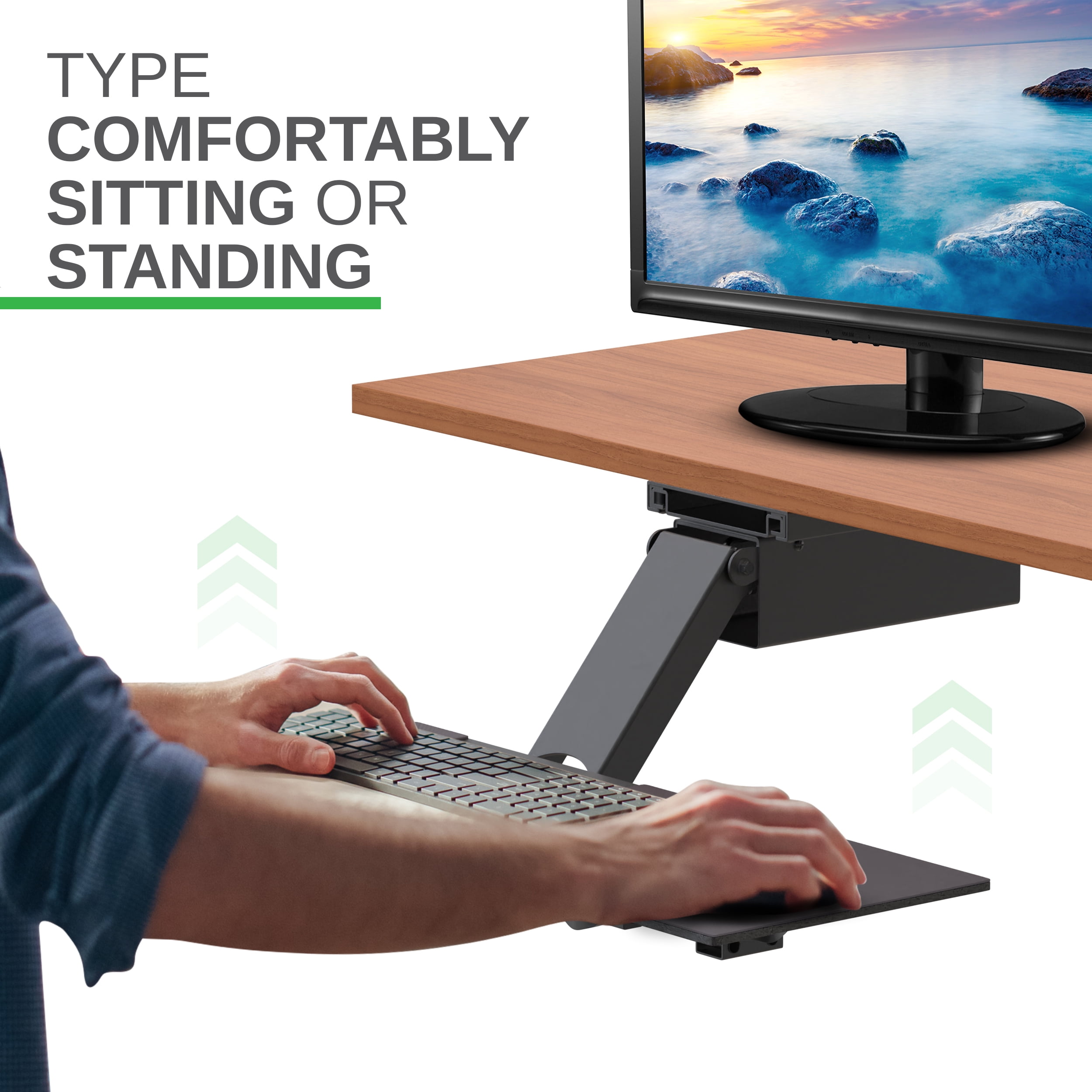 Adjustable Sit Stand Keyboard Tray Under Desk – Ergonomic Slide-Out Keyboard Drawer with Height & Tilt Adjustment, 360° Swivel, and Mouse Pad