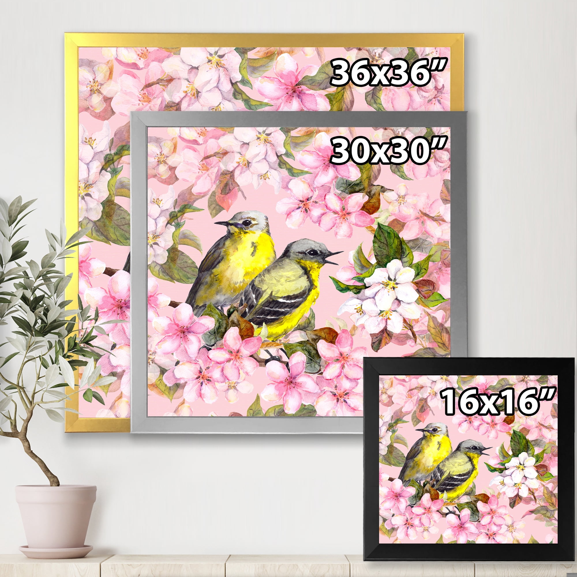 Designart 'Birds On Pink Cherry Sakura and Apple Flowers I' Traditional Framed Art Print