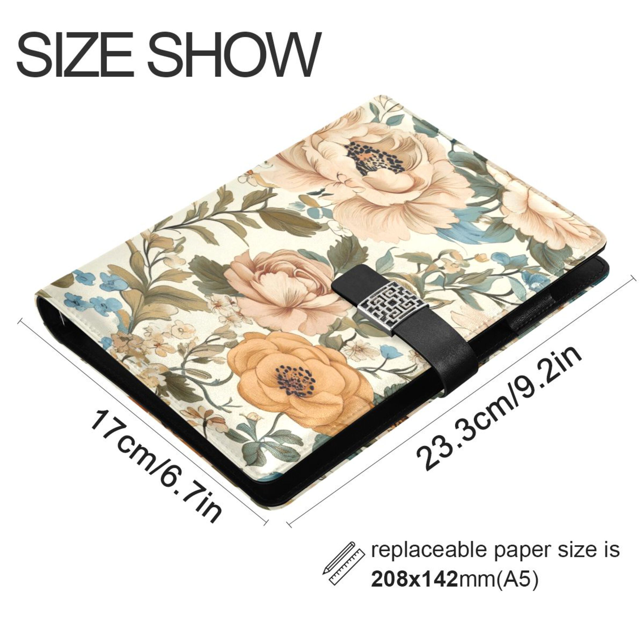 9.2x6.7 inch Leather Notebook 100 Sheets, Multi-Pocket Design & Pen Loop Beautiful Vintage Floral Refillable Journal Organizer