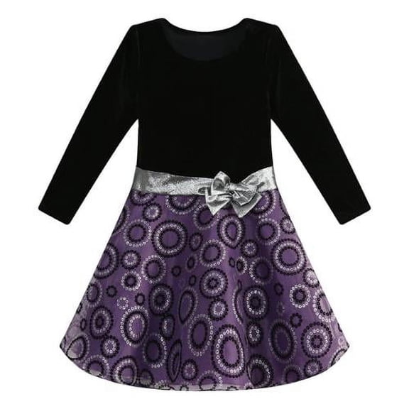 Girls Black Purple Circle Print Bow Dress 10
