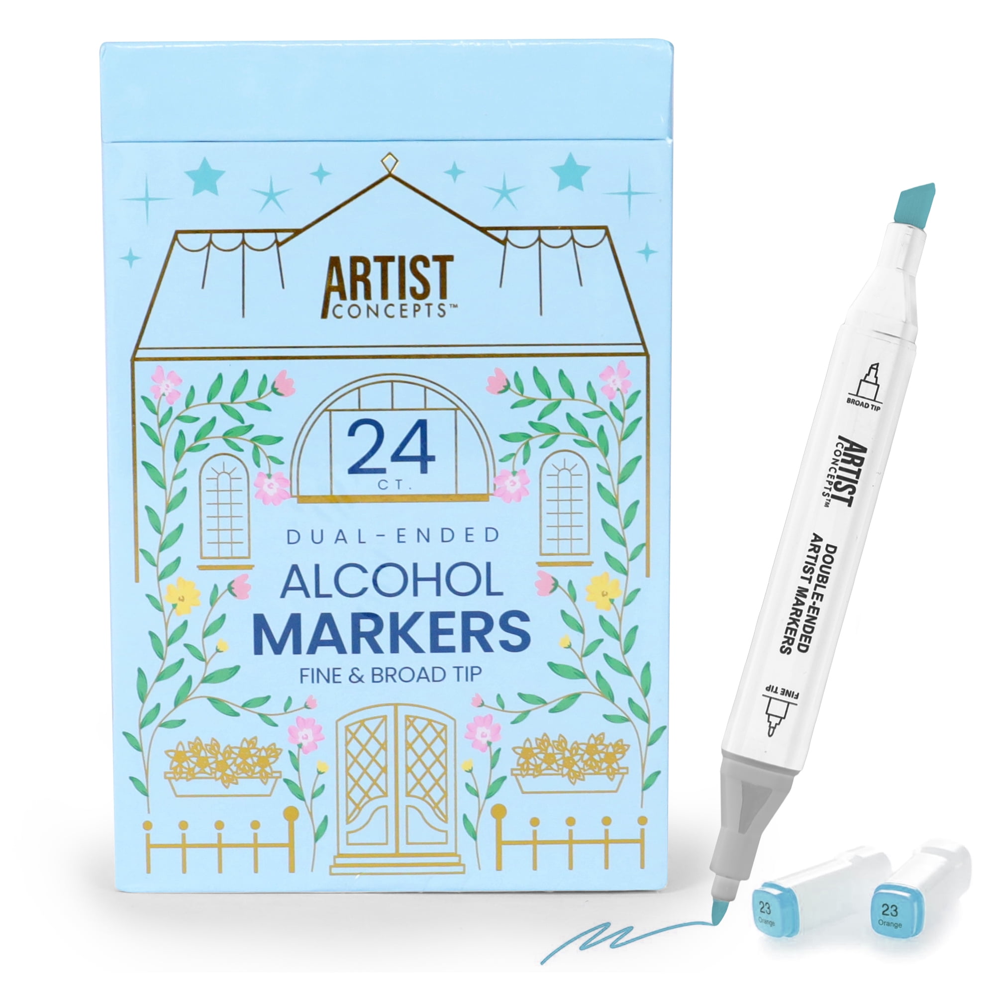 Artist Concepts Dual-Ended Alcohol Markers Set with Square Container, Fine & Chisel Tips, Multicolor, 24 Count