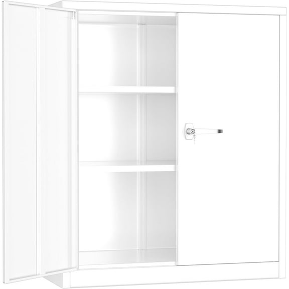 INTERGREAT Metal Garage Storage Cabinet, 36" Locking Counter Cabinet with 2 Locking Doors and 2 Adjustable Shelves, Small Steel Cabinet for for Home Office, Gym, School(White)