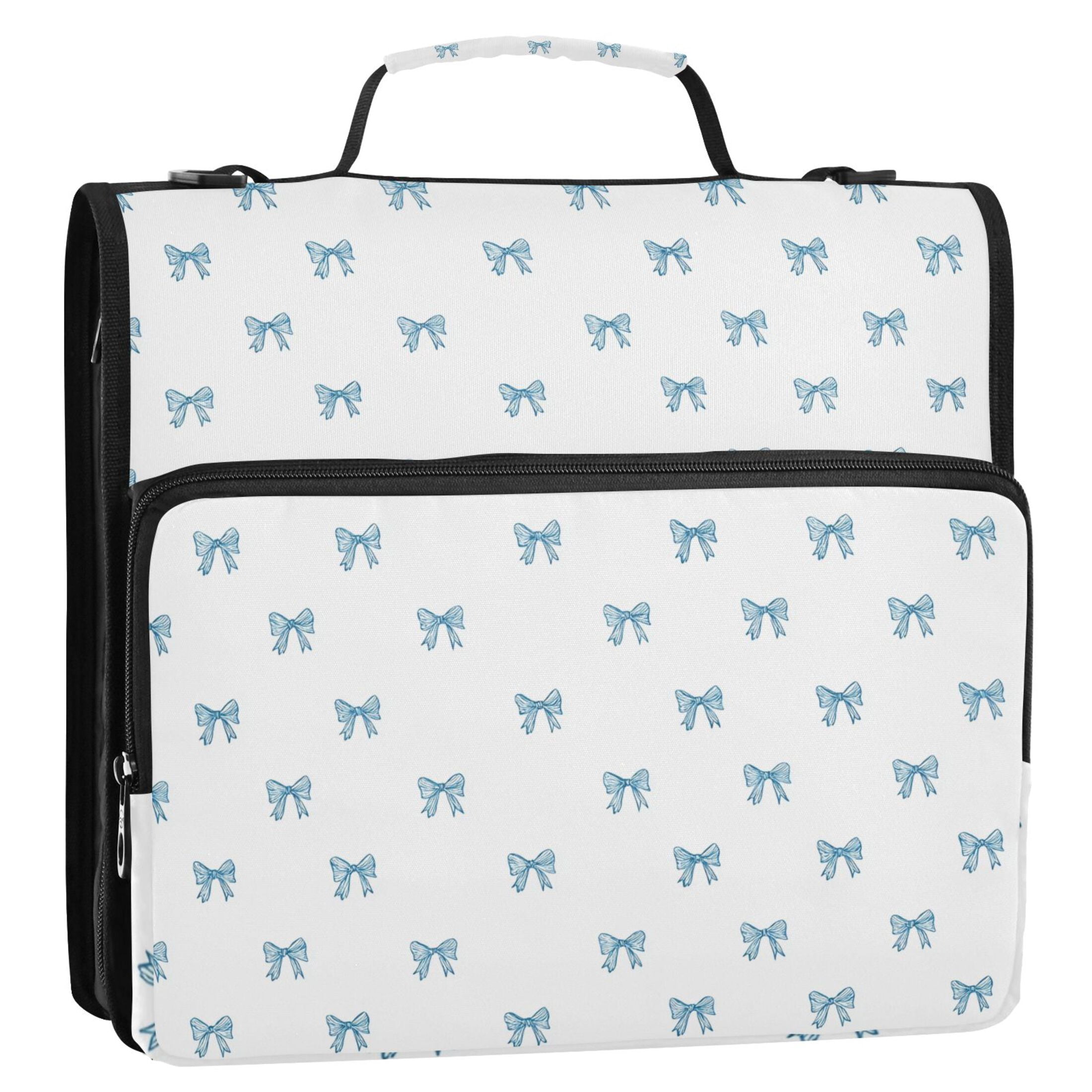 Zipper Binder Light Blue Bow 1.5 Inch Binder Folder Bag with Shoulder Strap and Handle