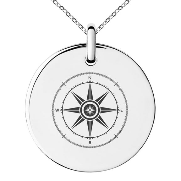 Stainless Steel Nautical Wind Compass Engraved Small Medallion Circle Charm Pendant Necklace