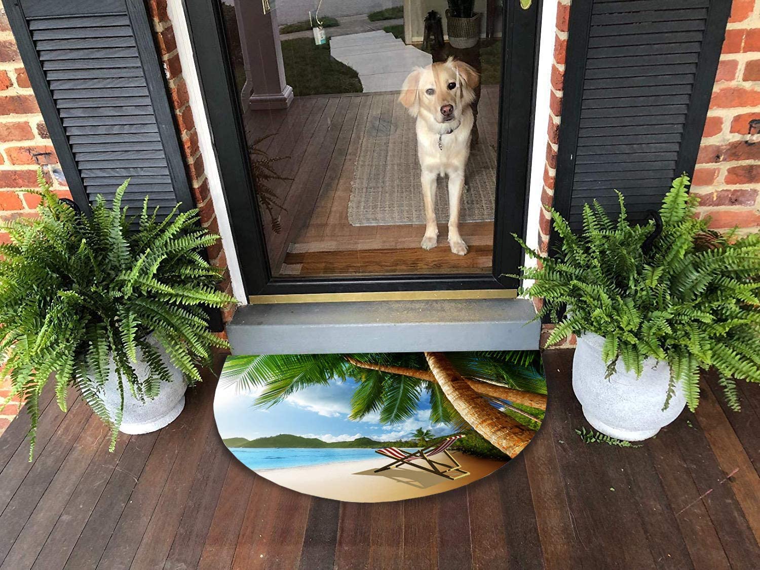 Rubber Welcome Doormat with Ocean Beach Tree Pattern Outdoor Indoor Doormat Waterproof Easy Clean Low-Profile Mats for Entryway Garage Patio High Traffic Areas
