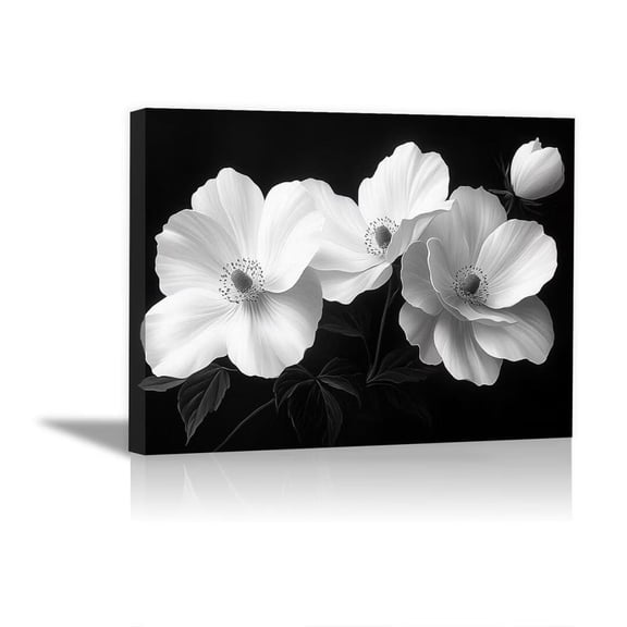 Mudket Framed Canvas Wall Art, Black and White Poppy Flowers Wall Decor, Minimalist Modern Floral Waterproof Art Prints for Living Room Bedroom Bathroom Home Decor - 12"L x 8"W