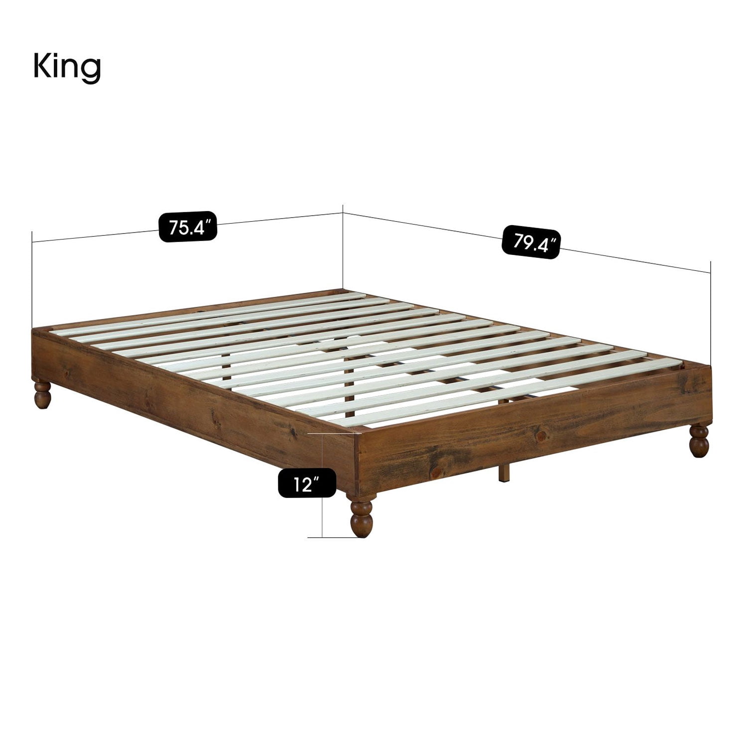 Open Box Slatted King Size Wooden Bed Frame with Turned Legs, Natural Brown- Saltoro Sherpi