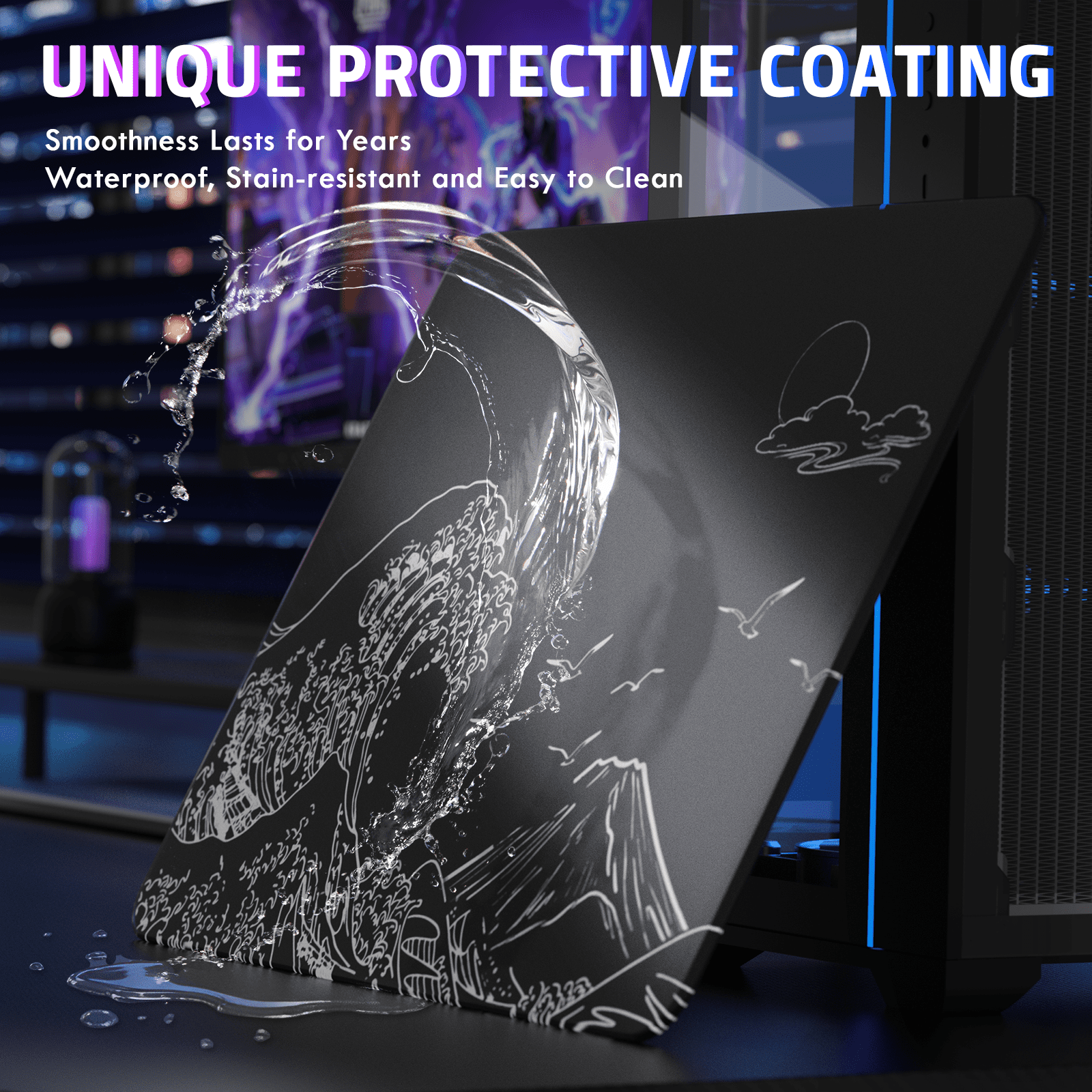 ATTACK SHARK CM05 SE Tempered Glass Mouse Pad, 16.1''×12.2'' Large Hard Gaming Mouse Pad, Nano-Etched Surface, 9H Anti-Scratch, Anti-Slip Base, Black Waves