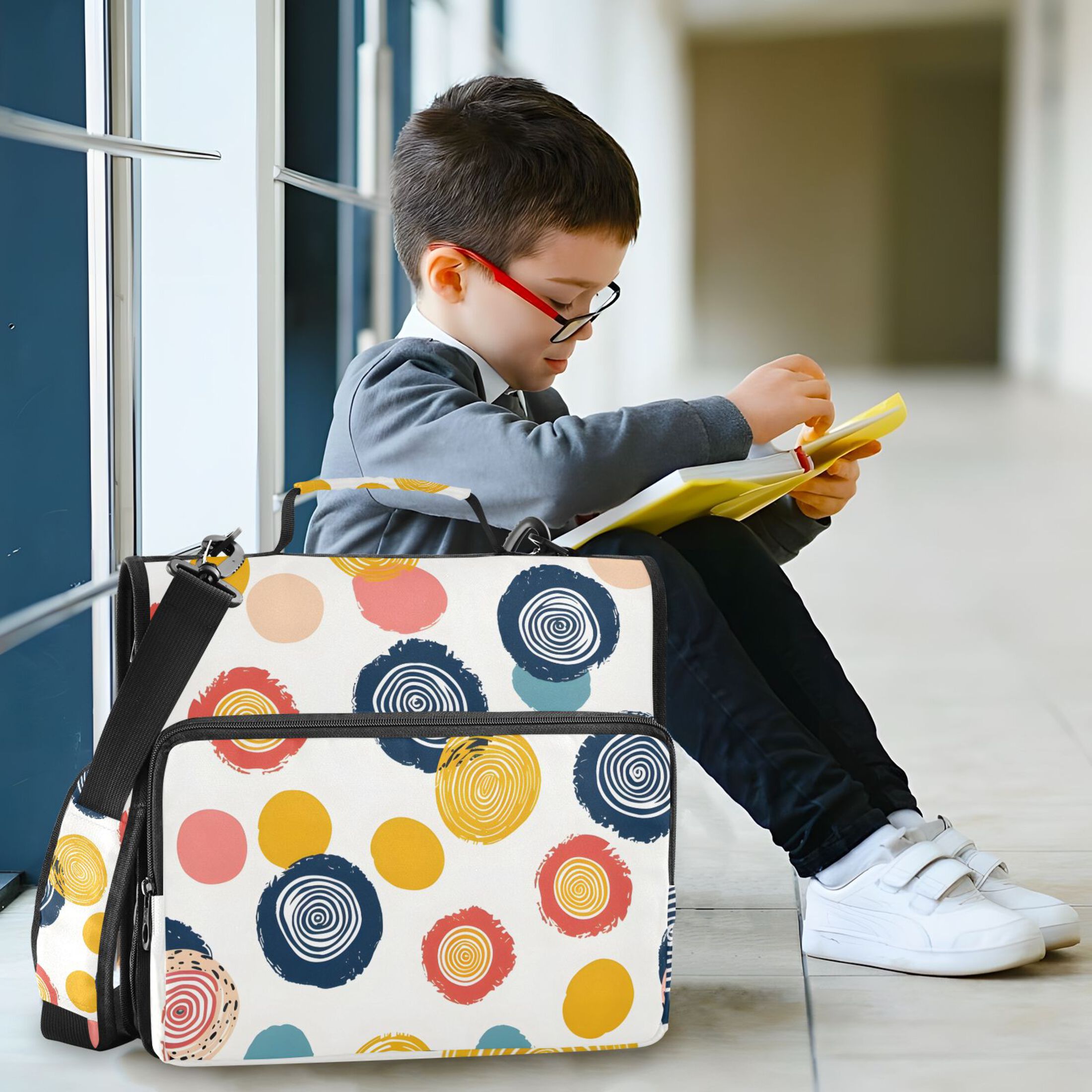3 Ring Zipper Binder with Shoulder Strap Waterproof Trapper Keeper 2 Inch D-Ring 500 Sheets Capacity Abstract Circle and Dots