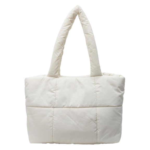Puffer Quilted Tote Bag for Women Solid Color Trendy Shoulder Handbag Large Capacity Underarm Handbag Casual Shoulder Bag for Work Travel (White)