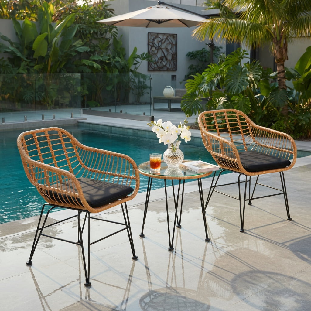 Hommoo 3-Piece Outdoor Rattan Furniture Set, 2 Armchairs + Coffee Table with Removable Cushions, Tempered Glass Top, Weather-Resistant Wicker & Steel Frame, Black