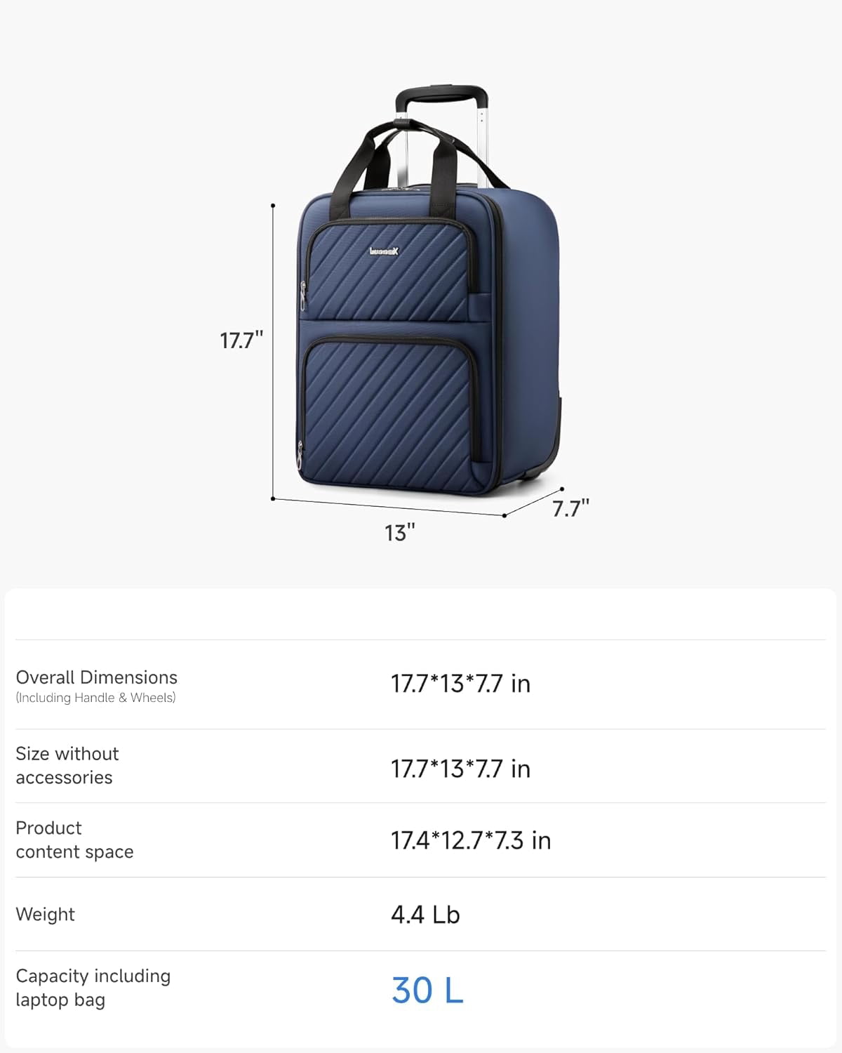 Underseat Carry On Luggage with Wheels, UDK-Plus Large-Capacity Lightweight Soft Sided Personal Item Suitcase for Short Trips (UX-Plus, Blue Black, 16 Inch)