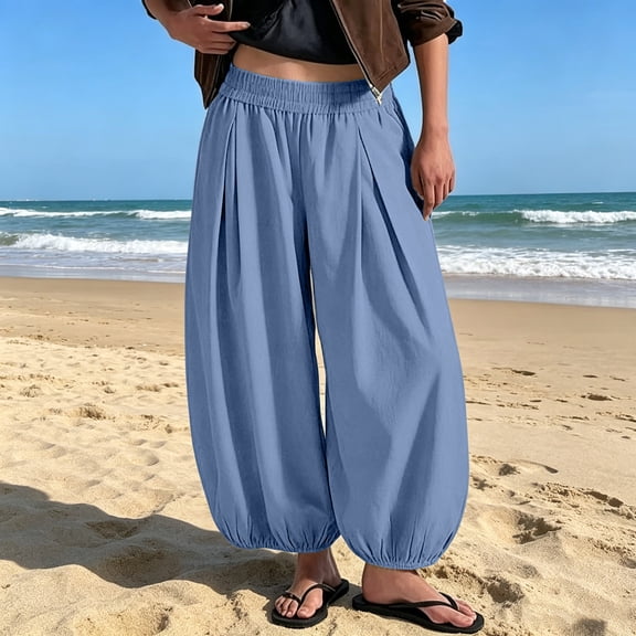 Womens Baggy Balloon Pants Cotton Linen Barrel Pants High Waisted Wide Leg Pants with Pockets 2XL
