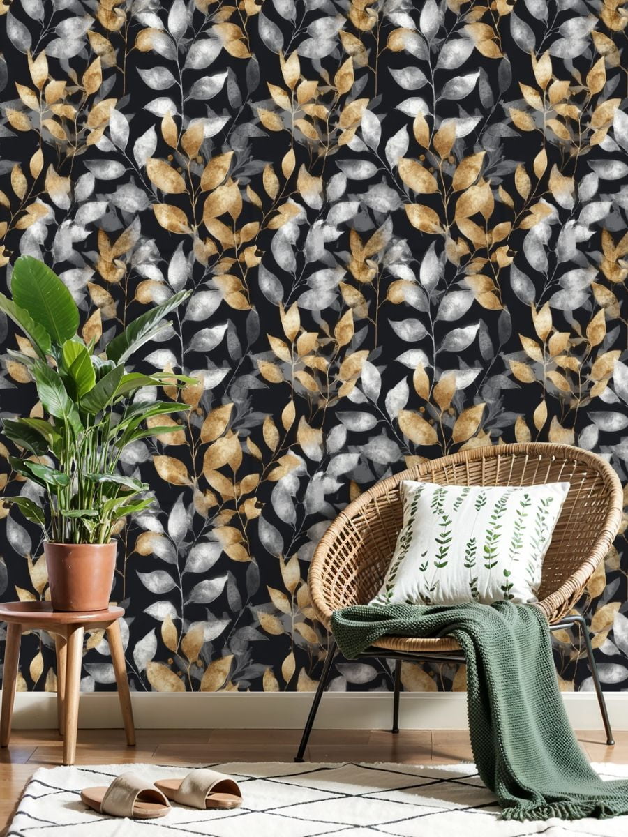 Modern Peel and Stick Wallpaper 23.6in x 9.8ft Elegant Gold Silver Leaf Dark Contact Paper Vinyl Waterproof Self Adhesive Wall Paper for Bedroom Shelf Cabinet Renter Friendly